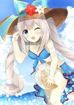  7_calpis_7 ball beachball blue_eyes blush breasts cleavage eyebrows_visible_through_hair fate_(series) hat highres holding holding_ball jewelry large_breasts long_hair looking_at_viewer marie_antoinette_(fate/grand_order) necklace one_eye_closed open_mouth silver_hair smile sun_hat swimsuit twintails type-moon 