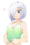  blue_eyes breasts cleavage crop_top eighth_note eyebrows_visible_through_hair eyes_visible_through_hair hair_ornament hair_over_one_eye hairclip hamakaze_(kantai_collection) kantai_collection large_breasts looking_down magenta_(atyana) musical_note shirt_tug short_hair silver_hair simple_background smile solo spoken_musical_note tank_top upper_body white_background 