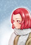  forehead from_side girls_und_panzer grey_scarf highres hiraya_n light_smile pink_eyes pink_hair rosehip scarf short_hair smile solo upper_body winter winter_clothes 