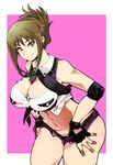  black_gloves breasts brown_eyes cleavage fingerless_gloves folded_ponytail gloves highres kisaragi_chitose large_breasts looking_at_viewer midriff navel shin_guards shorts smile solo super_robot_wars sweat thighs uchiuchi_keyaki 