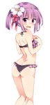  ass back bangs bare_legs bare_shoulders bikini blunt_bangs blush breasts butt_crack eyebrows_visible_through_hair flower frilled_bikini frills from_behind hair_flower hair_ornament hair_ribbon halter_top halterneck hieda_no_akyuu highres legs_together looking_at_viewer looking_back maturiuta_sorato open_mouth purple_bikini purple_eyes purple_hair red_ribbon ribbon shiny shiny_hair shiny_skin short_twintails simple_background small_breasts solo standing swimsuit touhou twintails white_background 