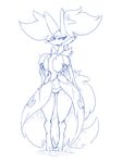  anthro big_breasts breasts canine delphox female fox hand_on_breast hi_res holding_breast looking_at_viewer mammal monochrome nintendo pok&eacute;mon simple_background solo video_games white_background wouhlven 
