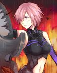 armor banned_artist bare_shoulders black_armor commentary_request crying crying_with_eyes_open elbow_gloves fate/grand_order fate_(series) gloves hair_over_one_eye lavender_hair mash_kyrielight navel orii_(orii_i) purple_eyes rain shield short_hair solo tears upper_body 