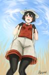  artist_name black_eyes black_gloves black_hair blue_sky blush breasts cloud commentary_request day gloves hair_between_eyes hat hat_feather helmet highres hiraya_n kaban_(kemono_friends) kemono_friends knees_together legwear_under_shorts nose_blush open_mouth pantyhose pith_helmet short_hair shorts sky small_breasts solo 