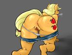  2014 anthro anthrofied anus applejack_(mlp) blonde_hair blush butt clothing cutie_mark cutoffs denim_shorts digital_media_(artwork) earth_pony equine female friendship_is_magic grey_background hair horse mammal my_little_pony open_mouth panties pony presenting presenting_hindquarters pussy rear_view shorts simple_background solo sweat tongue tongue_out underwear upright-infinity 