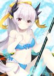  7_calpis_7 bikini blue_bikini blue_bow blue_ribbon blush bow breasts cleavage eyebrows_visible_through_hair fate_(series) hair_bow highres horns kiyohime_(fate/grand_order) large_breasts long_hair looking_at_viewer navel red_eyes ribbon silver_hair smile solo spaghetti_strap swimsuit type-moon yellow_bow 