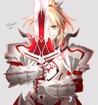  armor banned_artist blonde_hair breastplate clarent fate/apocrypha fate_(series) gauntlets green_eyes grin mordred_(fate) mordred_(fate)_(all) orii_(orii_i) pauldrons red_scrunchie scrunchie smile solo sword upper_body weapon 