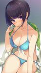  aqua_bikini bandaged_fingers bandages bangs bikini black_hair blunt_bangs blush breasts cleavage eromanga_sensei front-tie_top highres jacket large_breasts looking_at_viewer mirei navel open_clothes open_jacket purple_eyes senju_muramasa short_hair side-tie_bikini simple_background solo swimsuit 