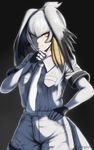  absurdres breasts commentary_request grey_hair grey_neckwear hair_between_eyes hand_on_hip hand_on_own_chin highres hiraya_n kemono_friends medium_breasts necktie shoebill_(kemono_friends) solo yellow_eyes 