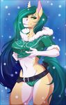  5_fingers anthro belt blue_hair breasts clothed clothing ear_piercing equine eyebrows eyelashes eyeshadow female gradient_hair green_hair hair hi_res horse lipstick looking_at_viewer makeup mammal midriff navel panties piercing snow solo underwear undressing vexstacy winter 