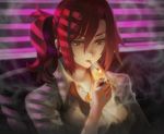  1girl aozaki_touko cigarette jewelry kara_no_kyoukai long_hair necklace ponytail red_eyes red_hair smoke smoking solo visqi 