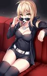  ahoge arm_rest artoria_pendragon_(all) bangs belt belt_buckle black_camisole black_legwear black_ribbon black_shorts blonde_hair breasts buckle camisole cleavage closed_mouth collarbone commentary eyebrows_visible_through_hair fate/stay_night fate_(series) gendo0032 hair_ribbon indoors jacket jewelry long_hair looking_at_viewer looking_over_eyewear medium_breasts necklace ribbon saber_alter short_shorts shorts sitting smile solo sunglasses thighhighs white_belt yellow_eyes 