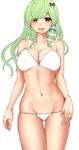 bad_id bad_twitter_id banned_artist bikini blush breasts cleavage cowboy_shot green_eyes groin hair_ornament hair_tubes highres kochiya_sanae large_breasts long_hair looking_at_viewer navel simple_background smile snake_hair_ornament solo standing stomach swimsuit thigh_gap touhou tsukiriran wavy_hair white_background white_bikini work_in_progress 