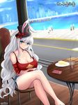  animal_ears blue_eyes breast_lift breasts bunny_ears chair cleavage closed_eyes crossed_legs cup drinking_glass drinking_straw dungeon_and_fighter fake_animal_ears large_breasts long_hair looking_at_viewer phone plate sandals shaojiang silver_hair sitting solo_focus table 