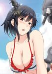  alternate_costume bare_shoulders bikini black_hair blush breasts cleavage cloud collarbone day eyebrows_visible_through_hair frilled_bikini_top frills fuuma_nagi hair_ornament halterneck kantai_collection large_breasts lens_flare looking_at_viewer metal_belt open_mouth red_eyes rigging short_hair sky solo sunlight swimsuit turret white_bikini yamashiro_(kantai_collection) 