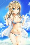  bare_shoulders bikini blue_bikini blue_eyes blue_sky breasts brown_hair cleavage cloud cloudy_sky day eyebrows_visible_through_hair food girls_frontline hair_ornament hairband halter_top halterneck ice_cream legs_together long_hair looking_at_viewer md5_mismatch medium_breasts navel outdoors sabet_(young_ouo) sky solo standing stomach string_bikini suomi_kp31_(girls_frontline) swimsuit 