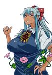  alternate_costume alternate_hairstyle alternate_headgear aqua_hair bad_hands blue_dress blue_hair breasts cirno collared_shirt cosplay dress flower grin hair_ribbon hand_on_hip heiseikorotaisei kamishirasawa_keine large_breasts long_hair looking_at_viewer multicolored_hair plant red_eyes ribbon shirt simple_background sleeveless sleeveless_dress smile solo sunflower tan tanned_cirno tanned_cirno_(cosplay) thumbs_up touhou two-tone_hair very_long_hair vines white_background white_shirt 