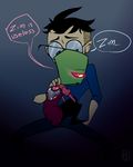  antennae blush clothed clothing dib eyewear glasses green_skin hug human invader_zim irken male male/male mammal unknown_artist zim 