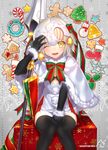  1girl :3 ;d artist_name bangs bell between_legs black_legwear blonde_hair blush bra candy candy_cane commentary_request cookie eyebrows_visible_through_hair fate/grand_order fate_(series) food gift gingerbread_cookie gingerbread_man hand_between_legs hand_on_own_head headpiece holly jeanne_d'arc_(fate)_(all) jeanne_d'arc_alter_santa_lily knees_together_feet_apart knees_touching lance looking_at_viewer navel nekotawawa one_eye_closed open_mouth polearm ribbon short_hair sitting smile snowflakes solo thighhighs thighs underwear weapon yellow_eyes 