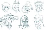  2015 animal_humanoid armor blue_and_white cat_humanoid clothed clothing feline hat helmet humanoid looking_at_viewer mammal monochrome plagueofgripes simple_background sketch sketch_page snake_humanoid sohmder white_background 