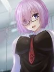  :d between_breasts blurry blurry_background bodysuit breasts eyebrows_visible_through_hair eyes_visible_through_hair fate/grand_order fate_(series) from_below glasses hair_over_one_eye highres impossible_clothes indoors large_breasts looking_at_viewer looking_down mash_kyrielight necktie necktie_between_breasts open_clothes open_mouth open_shirt purple_eyes purple_hair ramchi red_neckwear shirt short_hair signature smile solo translated upper_body white_shirt 