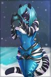  anthro black_fur blue_eyes blue_hair bow_knot clothing corset feline female fur hair hi_res jewelry leggings legwear lingerie long_hair looking_at_viewer mammal necklace one_eye_closed outside snow snowing solo stripes tiger tongue vexstacy wink 