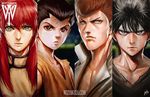  &gt;:( artist_name black_hair brown_eyes brown_hair ceasar_ian_muyuela collarbone dougi frown green_eyes hair_between_eyes headband hiei_(yuu_yuu_hakusho) kurama kuwabara_kazuma long_hair male_focus multiple_boys pompadour purple_eyes red_hair serious signature urameshi_yuusuke v-shaped_eyebrows watermark web_address widow's_peak yuu_yuu_hakusho 