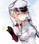  :d absurdres bad_id bad_pixiv_id bird black_bra black_gloves blonde_hair blush bra breasts capelet cloud cloudy_sky commentary day flock food giving gloves graf_zeppelin_(kantai_collection) grey_eyes hair_between_eyes hat high_collar highres holding holding_food hplay impossible_clothes jacket kantai_collection lace lace-trimmed_bra long_hair long_sleeves looking_at_viewer medium_breasts open_mouth outdoors outstretched_arm peaked_cap popsicle reaching_out see-through sidelocks sky smile solo taut_clothes tsurime twintails underwear upper_body wet wet_clothes wet_hair white_jacket 