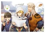  black_hair blonde_hair blue_eyes border double-breasted earrings green_eyes horikawa_kunihiro jewelry male_focus mizuhara_aki multiple_boys open_mouth stud_earrings touken_ranbu translated white_border yamabushi_kunihiro yamanbagiri_kunihiro 