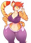  2017 5_fingers absurd_res anthro big_breasts breasts cat cleavage clothed clothing digital_media_(artwork) feline female green_eyes hair hand_on_hip hi_res jaeh loree mammal midriff navel orange_hair solo thick_thighs voluptuous wide_hips 