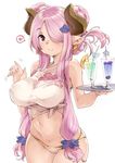  bikini breasts commentary_request cowboy_shot cup double_bun draph drink drinking_glass drinking_straw earrings granblue_fantasy hair_over_one_eye heart highres horns jewelry large_breasts looking_at_viewer narmaya_(granblue_fantasy) navel pointy_ears sidelocks simple_background solo spoken_heart star star_earrings swimsuit thomasz tray white_background 