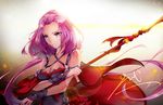  bare_shoulders breasts cleavage forehead guang_chengji lens_flare long_hair low_twintails medium_breasts polearm purple_eyes purple_hair quan_zhi_gao_shou signature soft_mist solo spear twintails weapon 