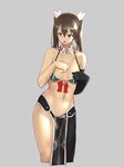  adapted_costume asymmetrical_legwear bikini black_gloves breasts breasts_apart brown_eyes brown_hair collarbone detached_collar elbow_gloves gloves green_bikini grey_background hair_between_eyes hair_tie hand_on_own_chest hayabusa highres kantai_collection long_hair looking_at_viewer medium_breasts navel open_mouth pelvic_curtain simple_background single_glove solo swimsuit tone_(kantai_collection) twintails upper_body 