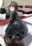  all_fours amagami ass bed bedroom black_hair brown_eyes indoors jewelry looking_at_viewer md5_mismatch murasaki_iro nanasaki_ai office_lady pantyhose pencil_skirt ring short_hair skirt solo tsurime wedding_band 