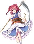  absurdres blush breasts cleavage coin eyebrows_visible_through_hair highres holding holding_scythe holding_weapon jpeg_artifacts kneehighs large_breasts looking_at_viewer onozuka_komachi open_mouth pink_eyes pink_hair puffy_short_sleeves puffy_sleeves risui_(suzu_rks) scythe short_sleeves smile teeth touhou two_side_up weapon white_legwear 