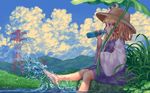  bangs barefoot blonde_hair blue_eyes blue_sky blunt_bangs bottle cloud cloudy_sky commentary_request day drinking frog_eyes from_side grass hair_ribbon hat hill holding holding_bottle leaf leaf_umbrella long_sleeves looking_away moriya_suwako on_ground outdoors power_lines purple_eyes purple_skirt ramune red_ribbon ribbon sitting skirt skirt_set sky soaking_feet solo splashing summer touhou transmission_tower tress_ribbon vest wasabichan water wide_sleeves 