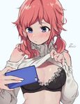  absurdres bad_id bad_tumblr_id black_bra blue_eyes blush bra breasts cellphone clothes_lift highres lifted_by_self medium_breasts original phone pink_hair self_shot short_hair signature smartphone solo sweater sweater_lift turtleneck twintails underwear uni_(melm) upper_body 