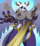  anthro areola areola_slip big_breasts breasts cleavage clothed clothing erect_nipples female hi_res horn huge_breasts melee_weapon nipple_bulge nipples solo sssonic2 sword under_boob unknown_species weapon wings 