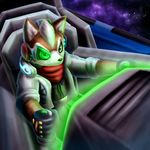  2016 absurd_res anthro arwing belt black_nose brown_fur canine clothing cockpit fox fox_mccloud fur fuzzt0ne gloves green_eyes hi_res jacket male mammal nintendo scarf sitting solo space star star_fox video_games white_fur 