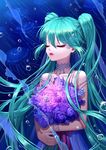  air_bubble blue_hair blue_nails bracelet bubble closed_eyes flower hand_on_own_stomach hatsune_miku jellyfish jewelry long_hair nail_polish necklace purple_flower qi_kou smile submerged twintails underwater vocaloid 