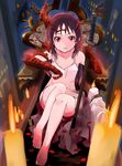  bangs black_hair bloody_mary_(shingeki_no_bahamut) bloody_mary_(shingeki_no_bahamut)_(cosplay) candle collarbone commentary_request cosplay crown dress gauntlets highres holding holding_sword holding_weapon idolmaster idolmaster_cinderella_girls katana long_hair looking_at_viewer marimotencho parted_lips purple_eyes scale_armor shadowverse short_dress sitting solo spaghetti_strap sword tachibana_arisu throne weapon white_dress 