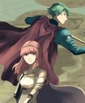  1girl alm_(fire_emblem) armor breastplate cape celica_(fire_emblem) fingerless_gloves fire_emblem fire_emblem_echoes:_mou_hitori_no_eiyuuou fire_emblem_gaiden gloves highres holding holding_sword holding_weapon jabeko looking_at_viewer pauldrons sword weapon 