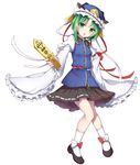  absurdres blue_hat bow eyebrows_visible_through_hair green_eyes green_hair hat highres jpeg_artifacts long_sleeves looking_at_viewer open_mouth red_bow red_ribbon ribbon risui_(suzu_rks) rod_of_remorse shiki_eiki short_hair solo teeth touhou white_bow white_legwear white_ribbon 