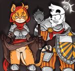  2017 amber_eyes anthro armor blonde_hair bottomless breasts cheetah clothed clothing clothing_lift darkest_dungeon dress dress_lift duckdraw eddie_(duckdraw) eye_patch eyewear facial_hair feline female fur hair holding_object holding_weapon hood lagomorph mace male mammal man-at-arms_(dd) melee_weapon mihari mustache orange_fur presenting presenting_pussy pussy rabbit shield smile spots spotted_fur sword vestal_(dd) video_games weapon white_fur yellow_fur 