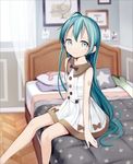  ahoge alternate_costume aqua_eyes aqua_hair arms_at_sides beamed_sixteenth_notes bed bedroom bow buttons curtains dress feet_out_of_frame hair_down hatsune_miku highres indoors kari_kenji light_smile long_hair looking_at_viewer musical_note note number_tattoo on_bed picture_frame pillow print_pillow short_dress sitting sleeveless sleeveless_dress solo spring_onion star star_print tattoo very_long_hair vocaloid white_dress 