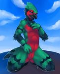  2017 absurd_res animal_genitalia anthro avian beak bird blue_eyes blue_sky cloud day digital_media_(artwork) feathers front_view genital_slit green_feathers half-closed_eyes hi_res kneeling looking_at_viewer male multicolored_feathers navel nude open_mouth outside parrot red_feathers sky slit smile solo tongue zerolativity 