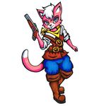  anthro belt black_nose blue_eyes boots clothing feline female footwear fur fuzzt0ne hair hi_res katt_monroe mammal nintendo pink_fur scarf short_hair solo star_fox video_games weapon white_fur white_hair 