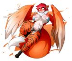  2016 4_toes anthro areola avian big_breasts black_fur blush breasts chest_tuft clothing digital_media_(artwork) dipstick_tail feathered_wings feathers feline female front_view fur green_eyes hair harpy hi_res hindpaw hybrid looking_down mammal markings multicolored_feathers multicolored_fur multicolored_tail navel nipples open_mouth orange_feathers orange_fur paws pink_hair red_hair ryousakai short_hair simple_background socks_(marking) solo striped_fur stripes strips thick_thighs tiger toes torn_clothing tuft wardrobe_malfunction white_background white_feathers white_fur winged_arms wings 