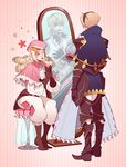  ^_^ armor armored_boots beret blonde_hair boots cape capelet clapping closed_eyes dress dress_removed drill_hair embarrassed endy father_and_son fire_emblem fire_emblem_if foleo_(fire_emblem_if) frills gauntlets gloves greaves hairband hat high_collar holding_clothes leon_(fire_emblem_if) long_sleeves looking_at_mirror male_focus mirror mirrored multiple_boys palms_together pink_background pink_hat puffy_pants sitting smile standing stool striped striped_background 