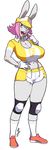  anthro big_breasts blue_eyes breasts buckteeth clothing cute female frannie_funbun fur gloves grey_fur hair hi_res lagomorph lilirulu long_ears looking_at_viewer mammal navel pink_hair rabbit solo standing teeth 